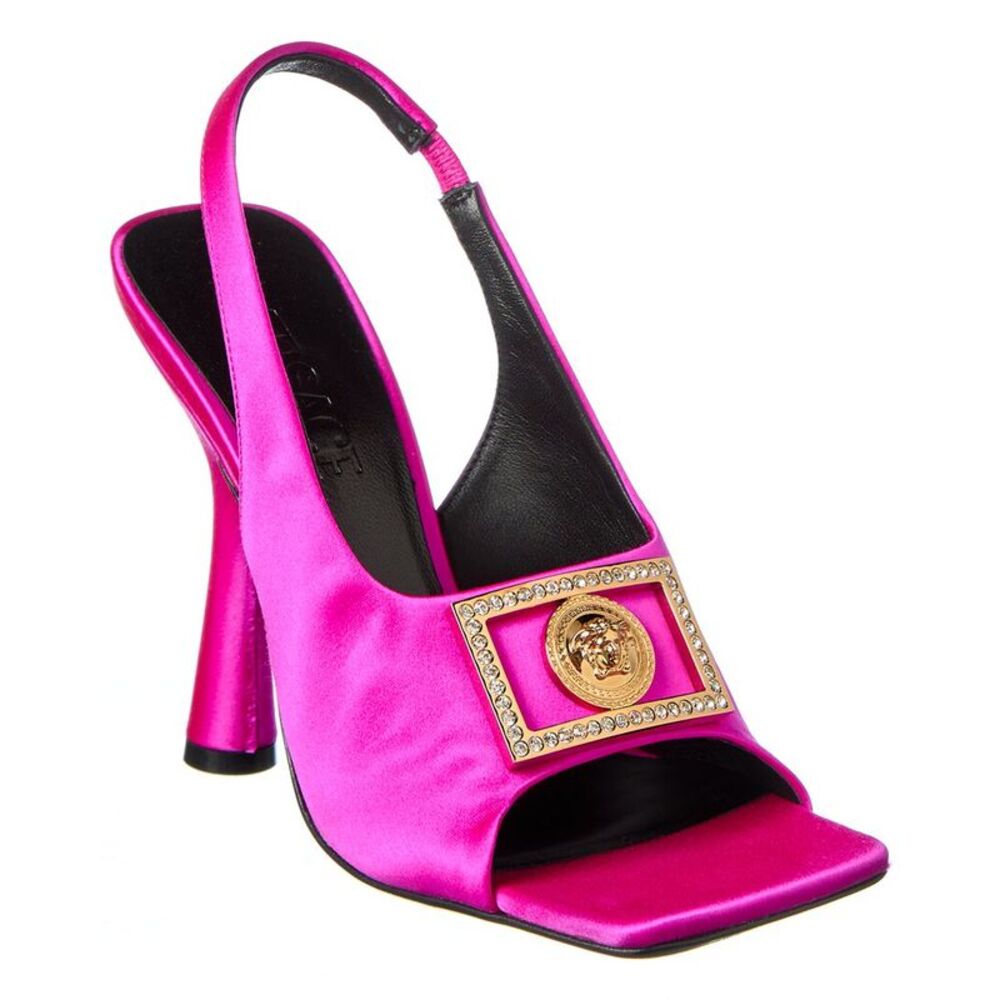 Versace Medusa Plaque Satin Slingback Sandal, Pink